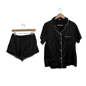 Black Pajama Set with White Piping M